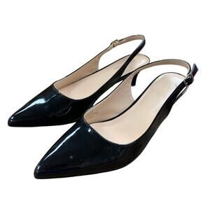 Genshou Womens Size 9 Black Shiny Faux Leather 2.5" Kitten Heels Slingback Shoes